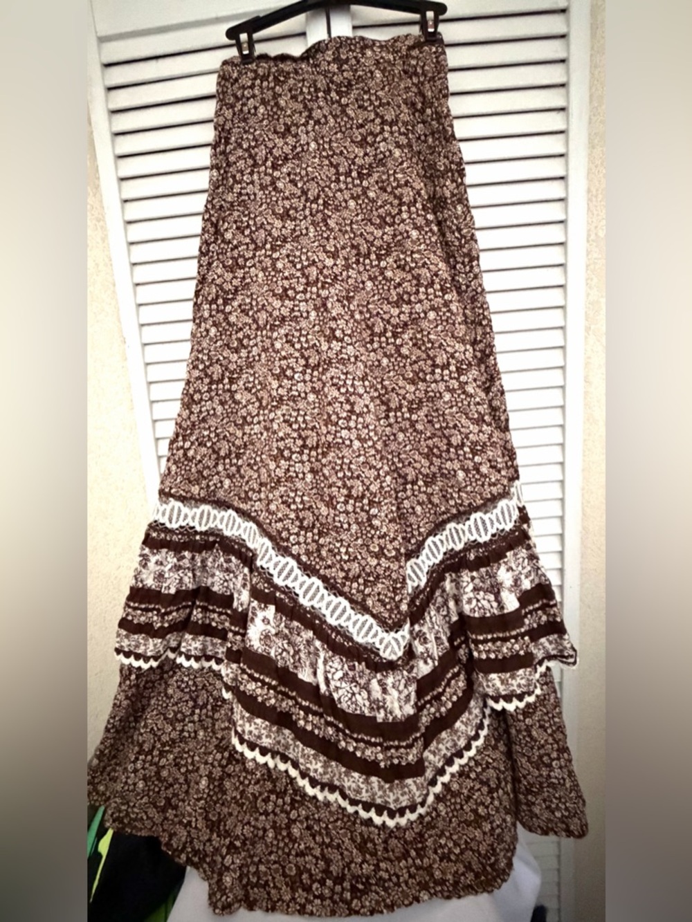 Gunne Sax Vintage Calico Brown Tiered Lace Prairie Skirt